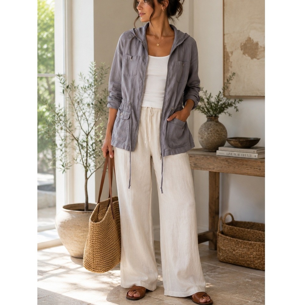 100% Linen Hooded Jacket Womens Full Zip Lagenlook Coastal Utility Saint Tropez